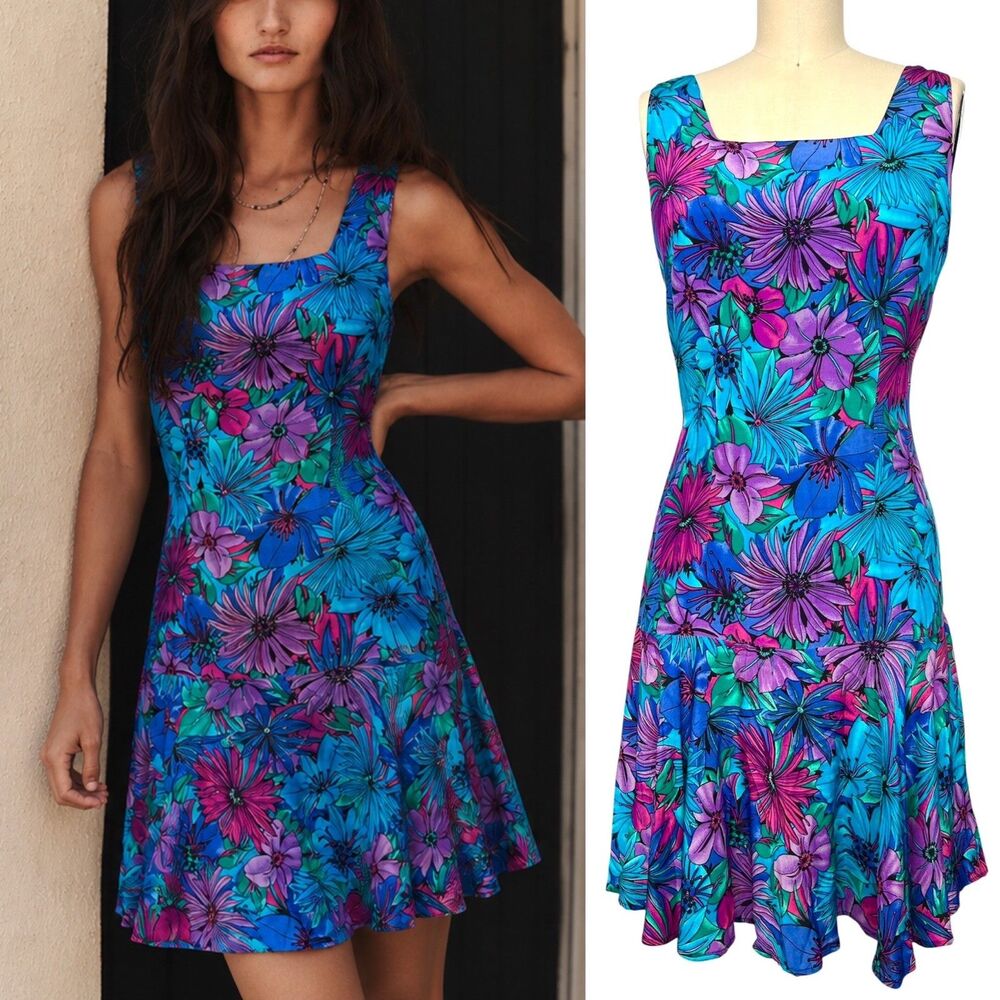 Y2K August Hale Silk Floral Mini Dress Drop Waist Ruffle Slip Shift Blue Sz 6 S